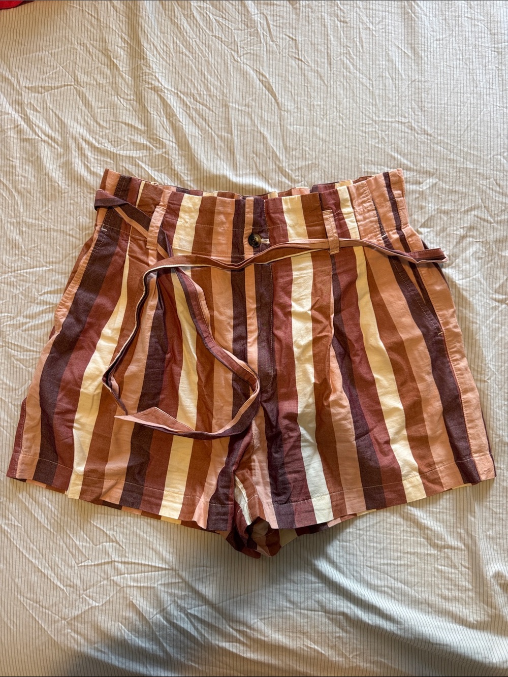 Madewell Striped High-Waist Shorts in Brown, Rust, and Cream